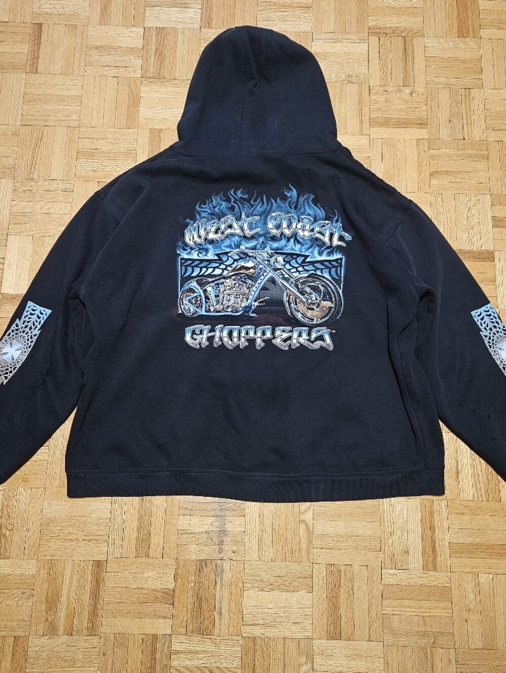 West Coast Choppers Black Graphic Hoodie with Blue Motorcycle Print